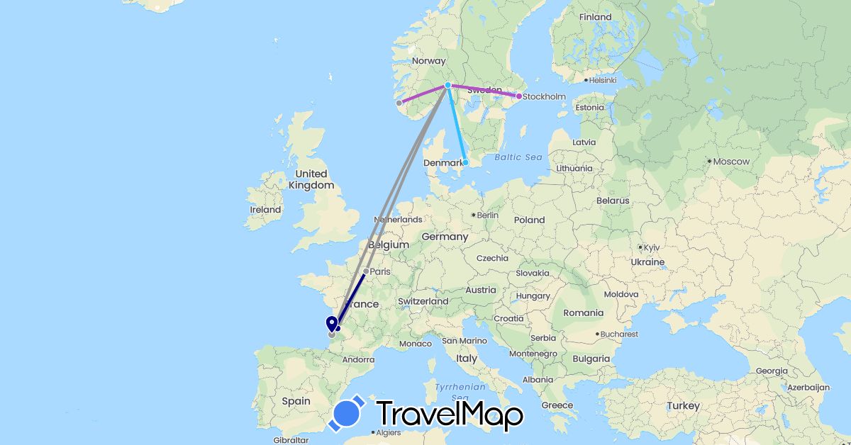 TravelMap itinerary: driving, plane, train, boat in Denmark, France, Norway, Sweden (Europe)